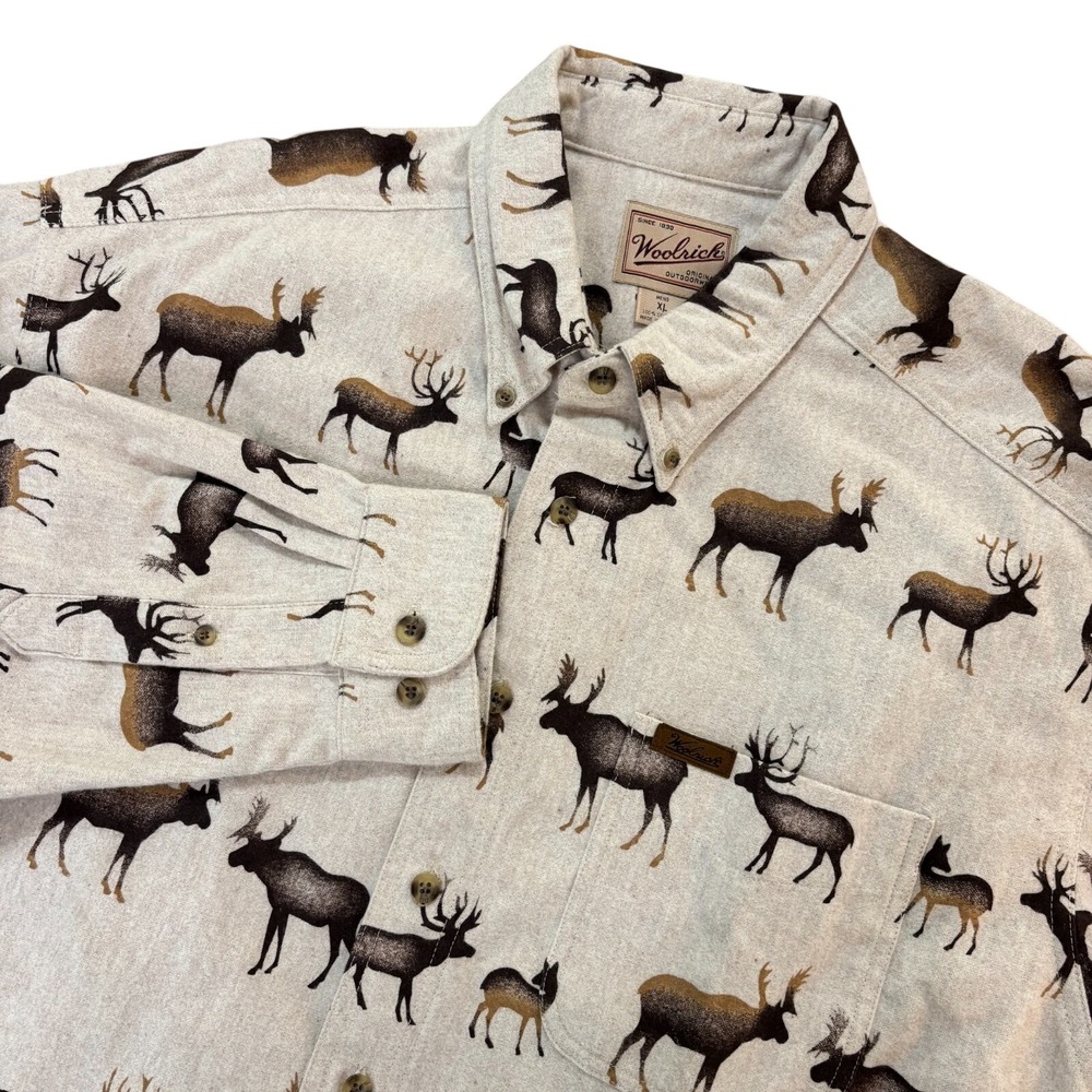 WOOLRICH Button Up Shirt Mens XL‎ Elk Print Outdoor Long Sleeve Cotton